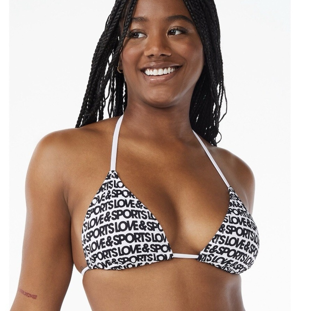 Love & Sports S Women's Logo Print classic Triangle Bikini Top Black & White